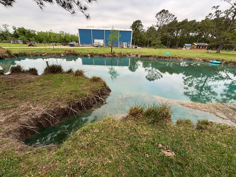 Tranquil pond surrounded by grass and trees next to a blue metal building.
