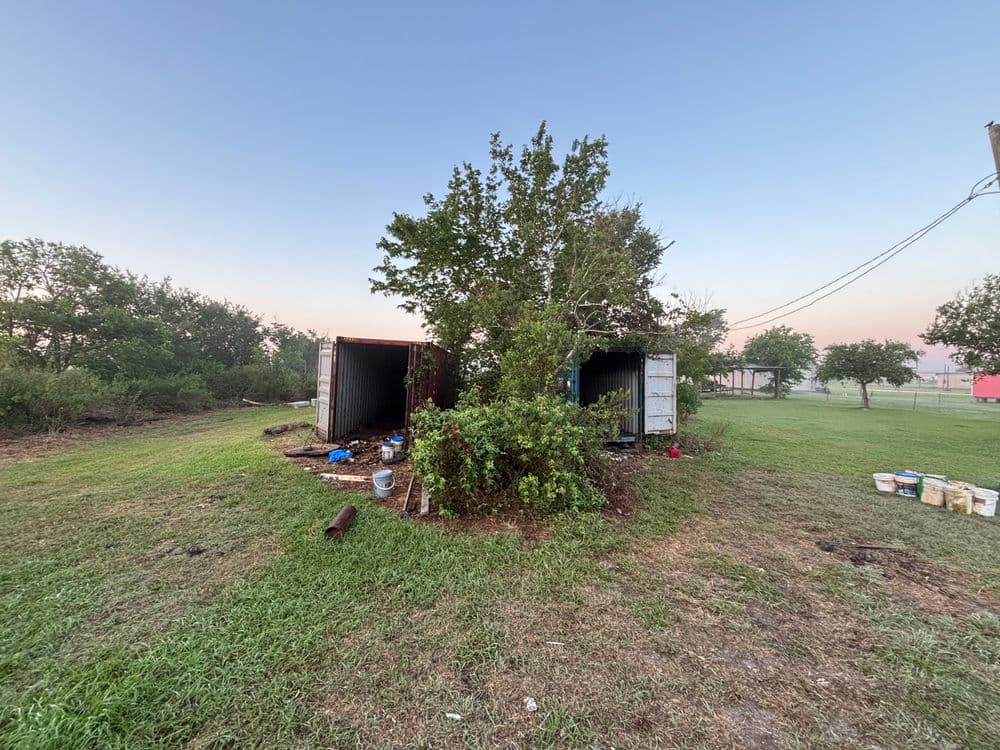 Storage containers surrounded by greenery at dawn in a rural setting.