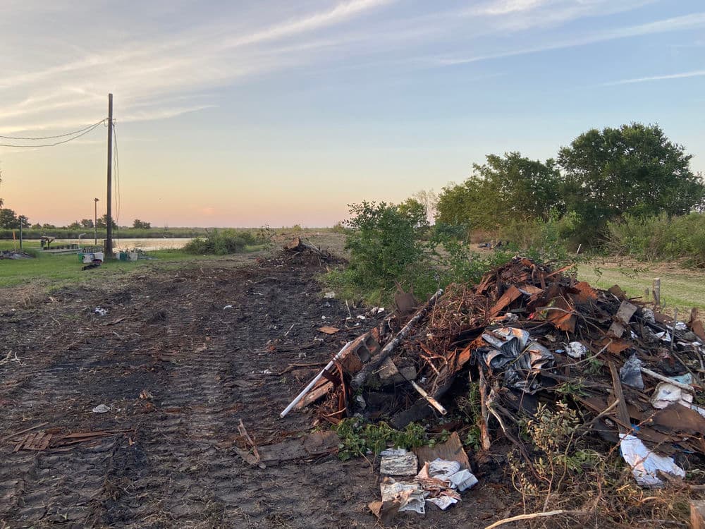 Debris and overgrown vegetation along a dirt path near water at sunset.